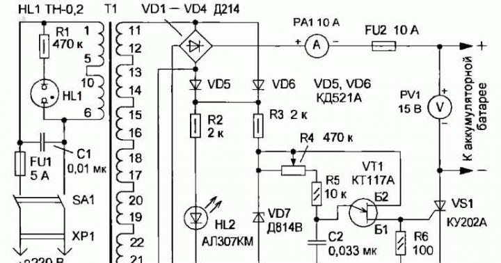 Charger for a car battery Electrical circuits for charging car batteries