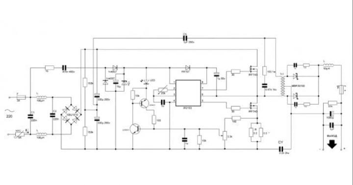 A simple switching power supply on ir2153 (d) for an amplifier and not only an ir2153 power supply for an amplifier