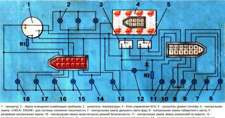 Nel VAZ 2109, il circuito elettrico del cruscotto è diverso sul cruscotto alto